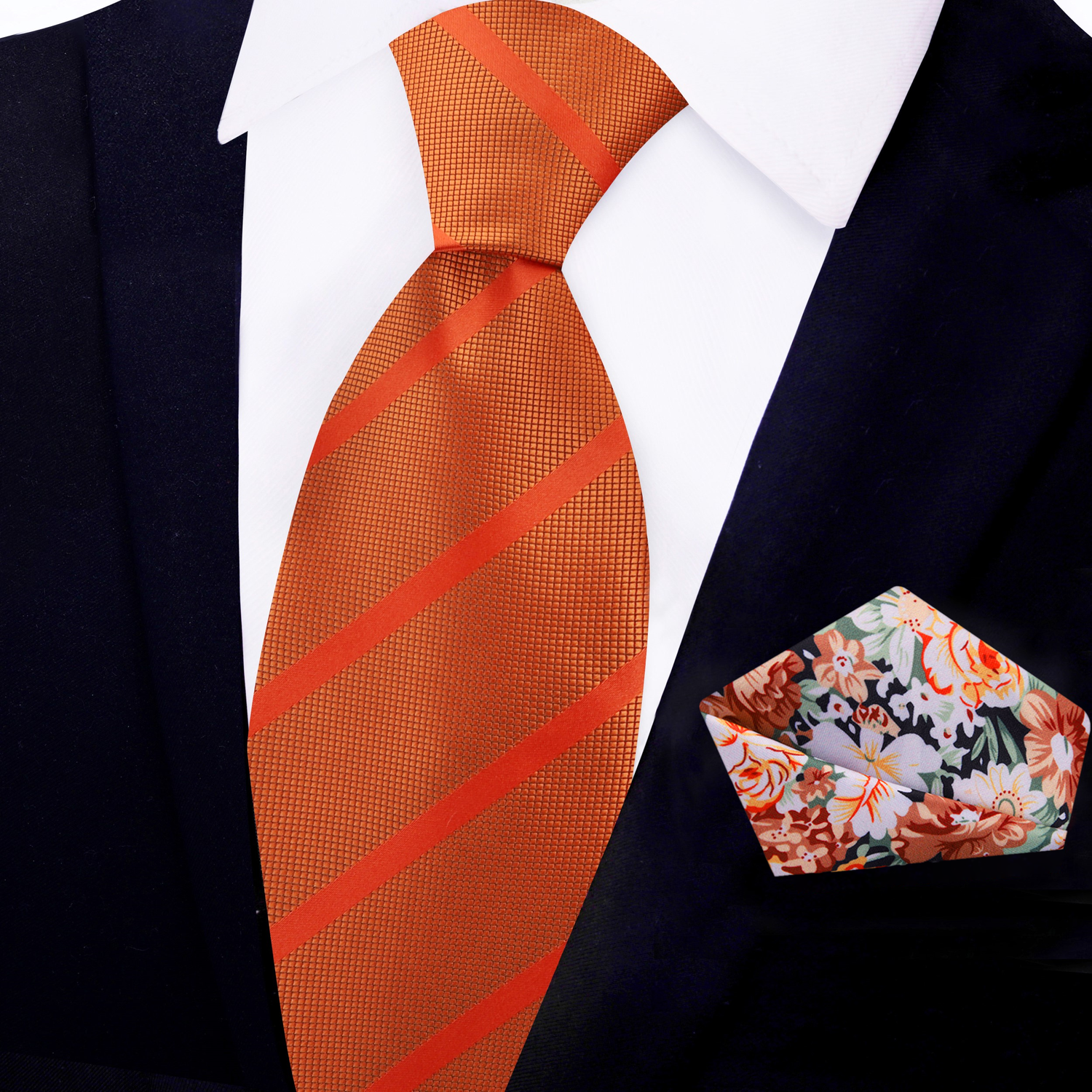 Pumpkin Orange Stripe Silk Necktie and Accenting Floral Pocket Square
