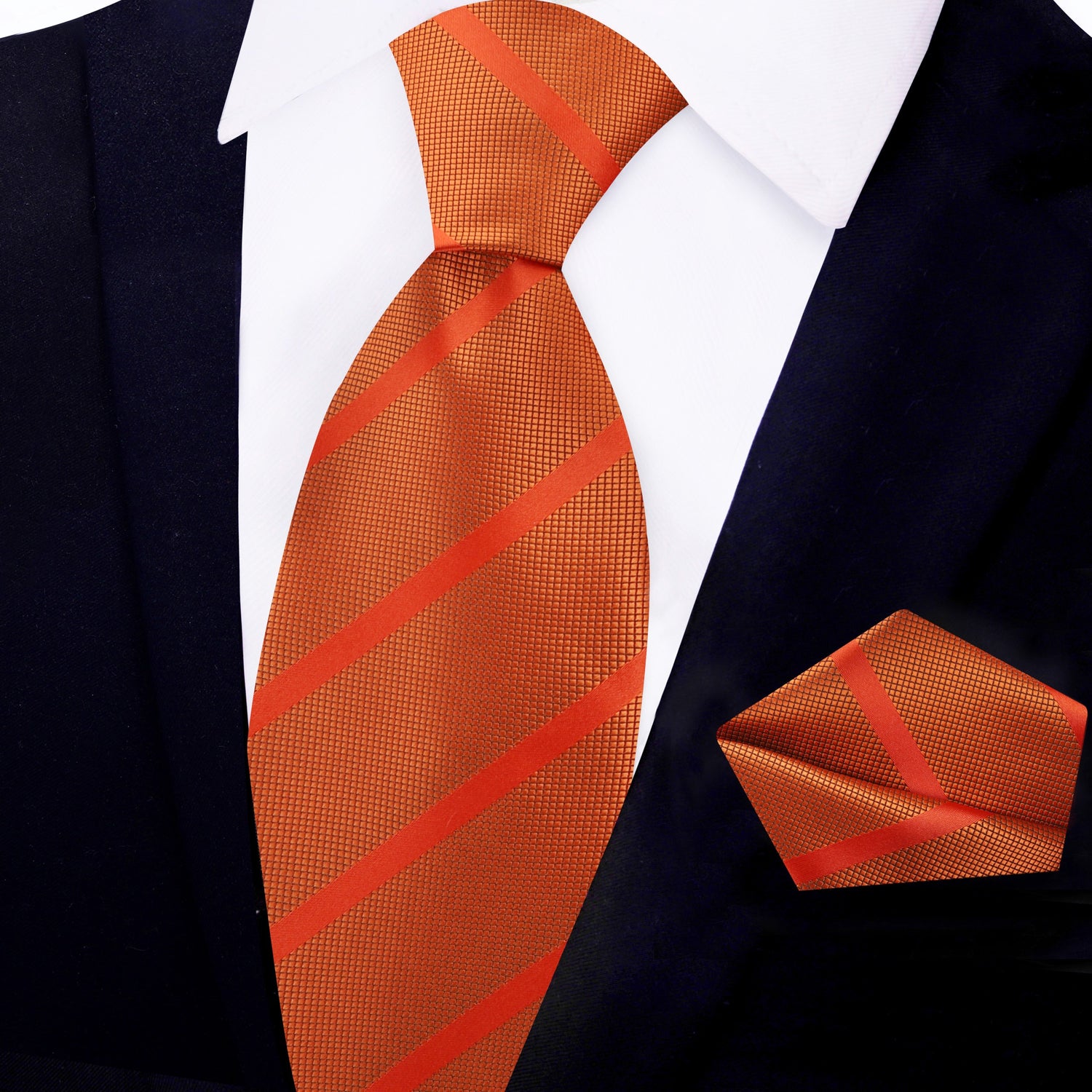 View 2: Pumpkin Orange Stripe Silk Necktie and Pocket Square