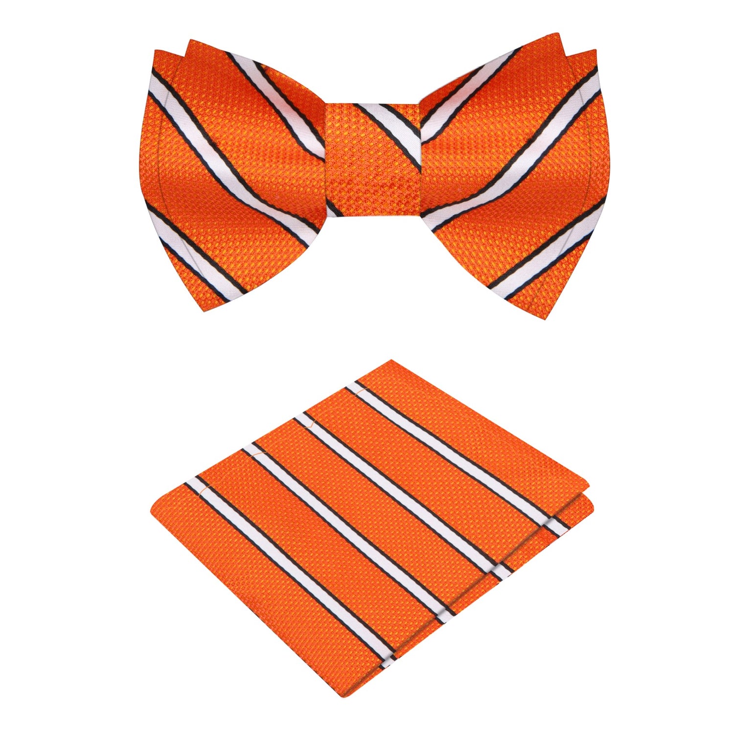  Orange, Black, White Stripe Pattern Silk Self Tie Bow Tie, Matching Pocket Square