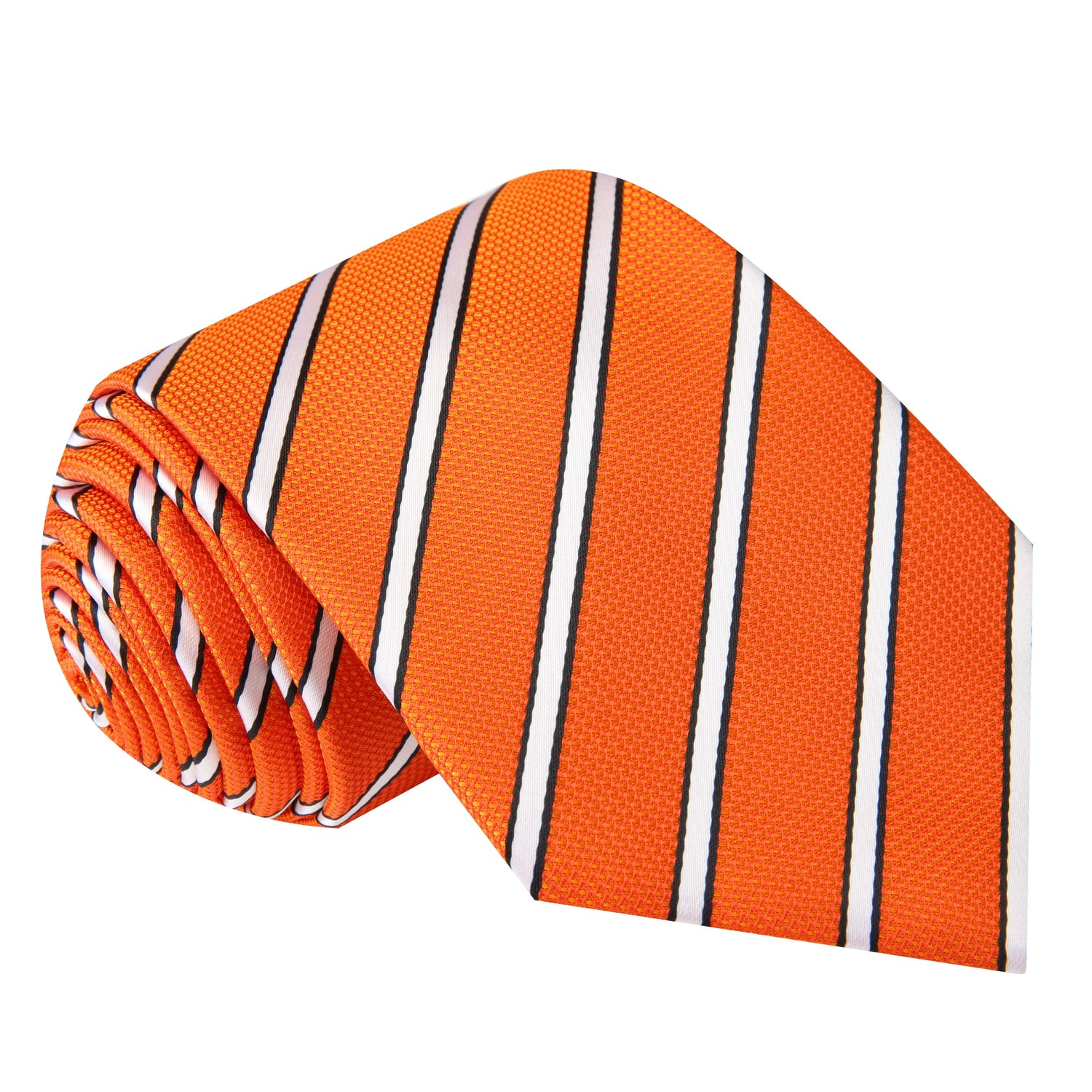 An Orange, Black, White Stripe Pattern Silk Necktie 