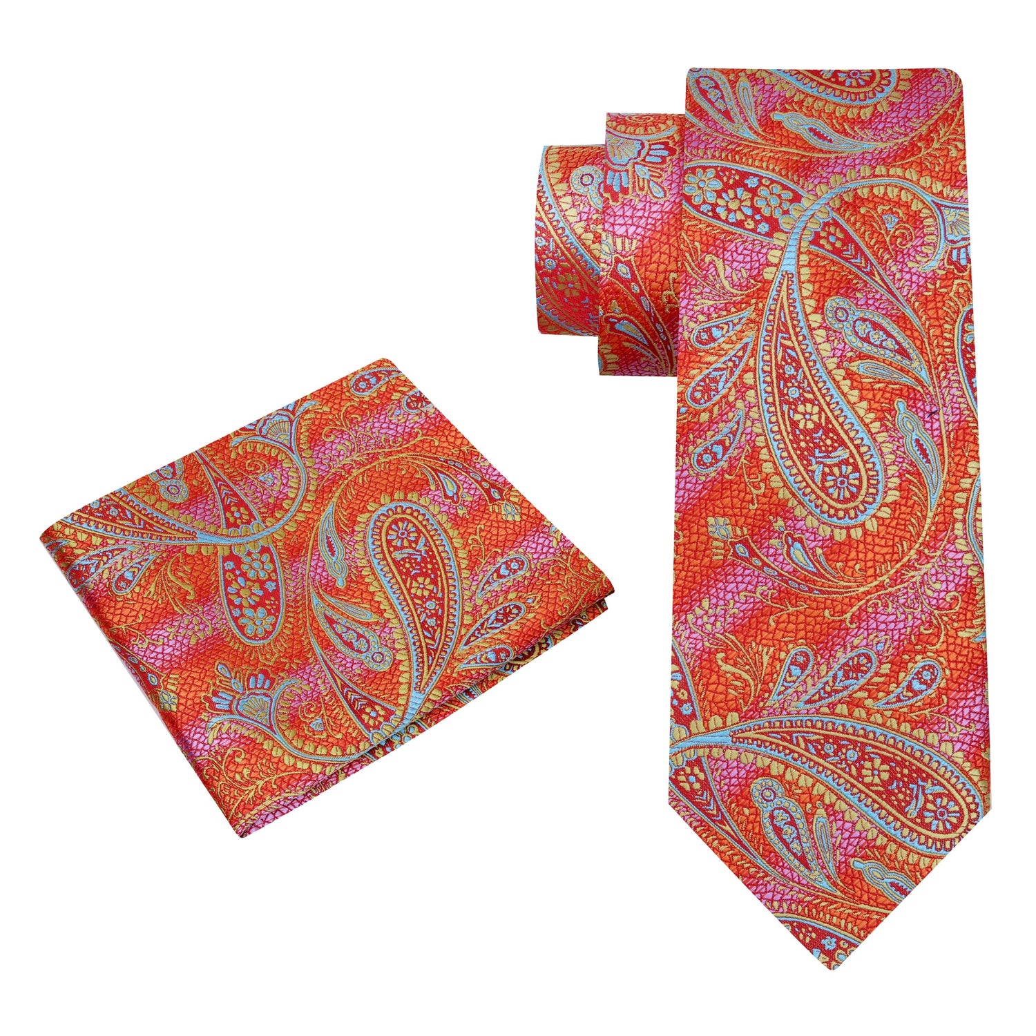 Alt View: A Orange Paisley Pattern Silk Necktie, Matching Pocket Square