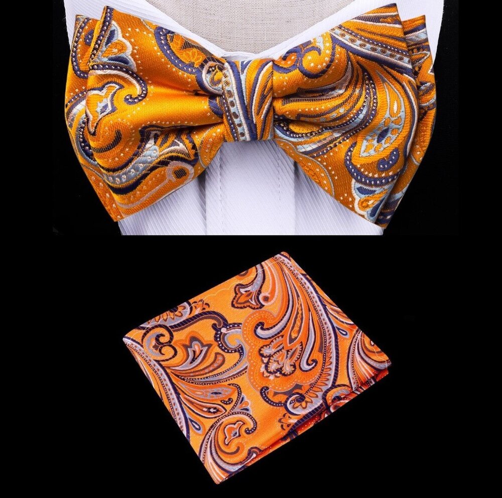 A Orange, Purple, White Color Paisley Pattern Silk Kids Pre-Tied Bow Tie, Matching Pocket Square 
