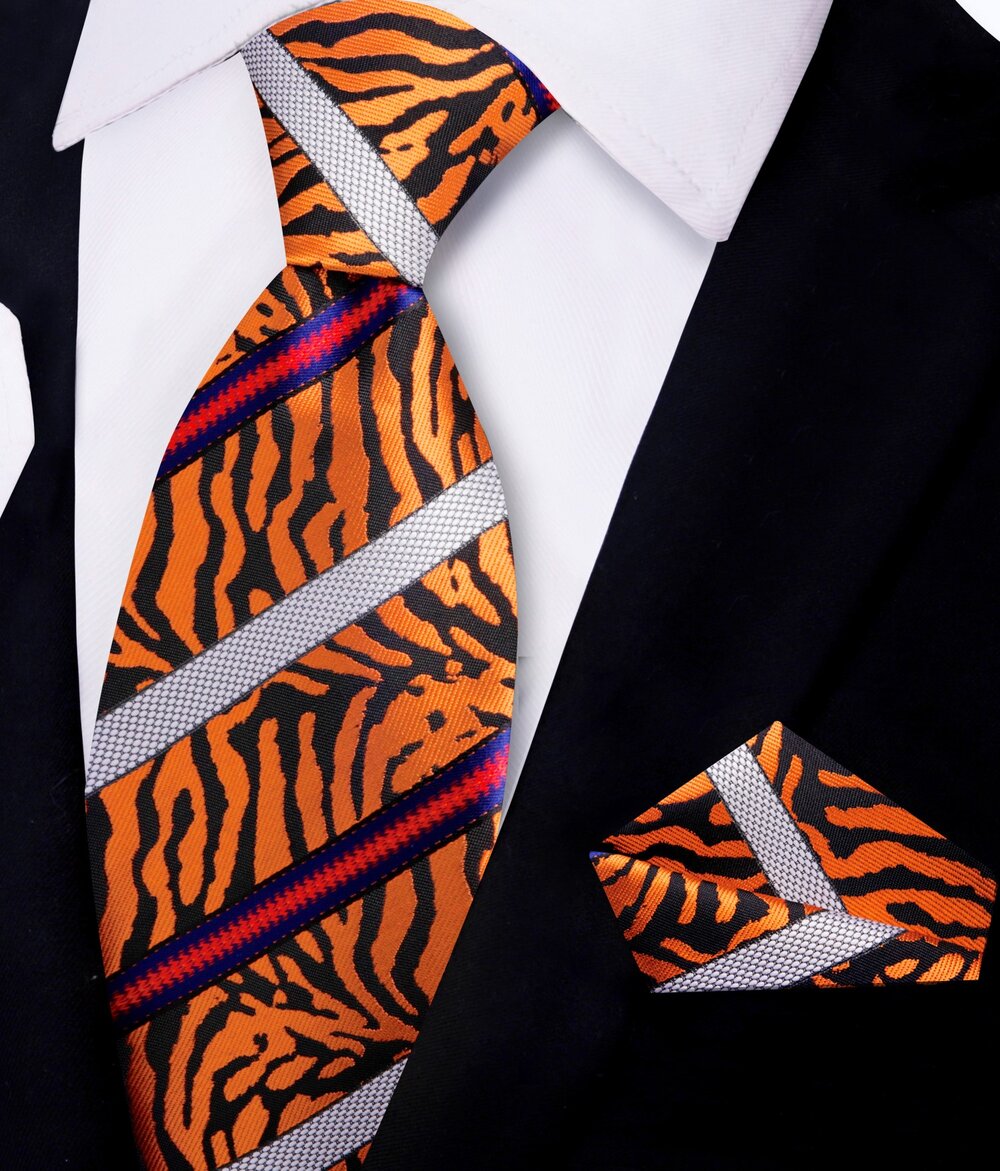 Orange, Black, Red Tiger Stripe Tie and Pocket Square