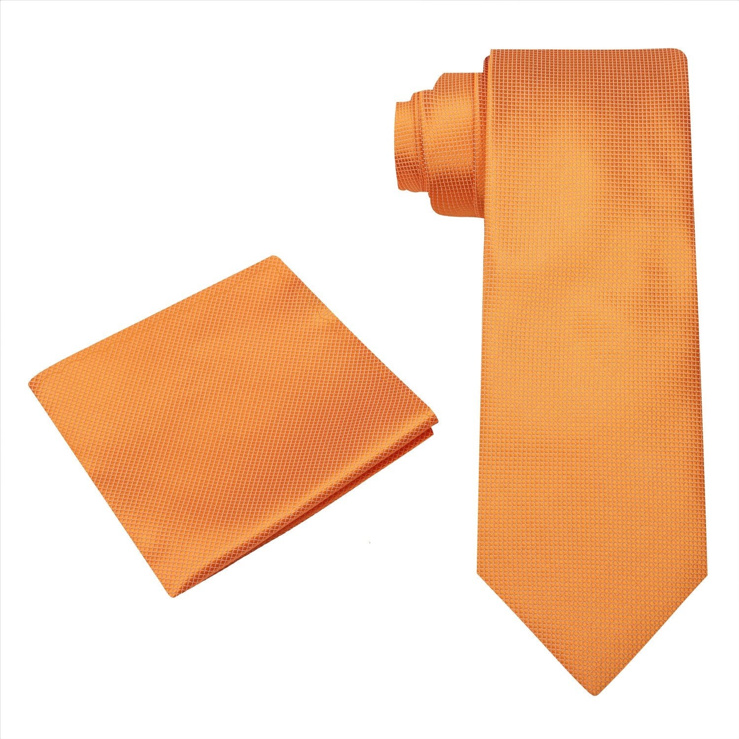 Alt View: A Solid Orange With Check Texture Pattern Silk Necktie, Matching Pocket Square