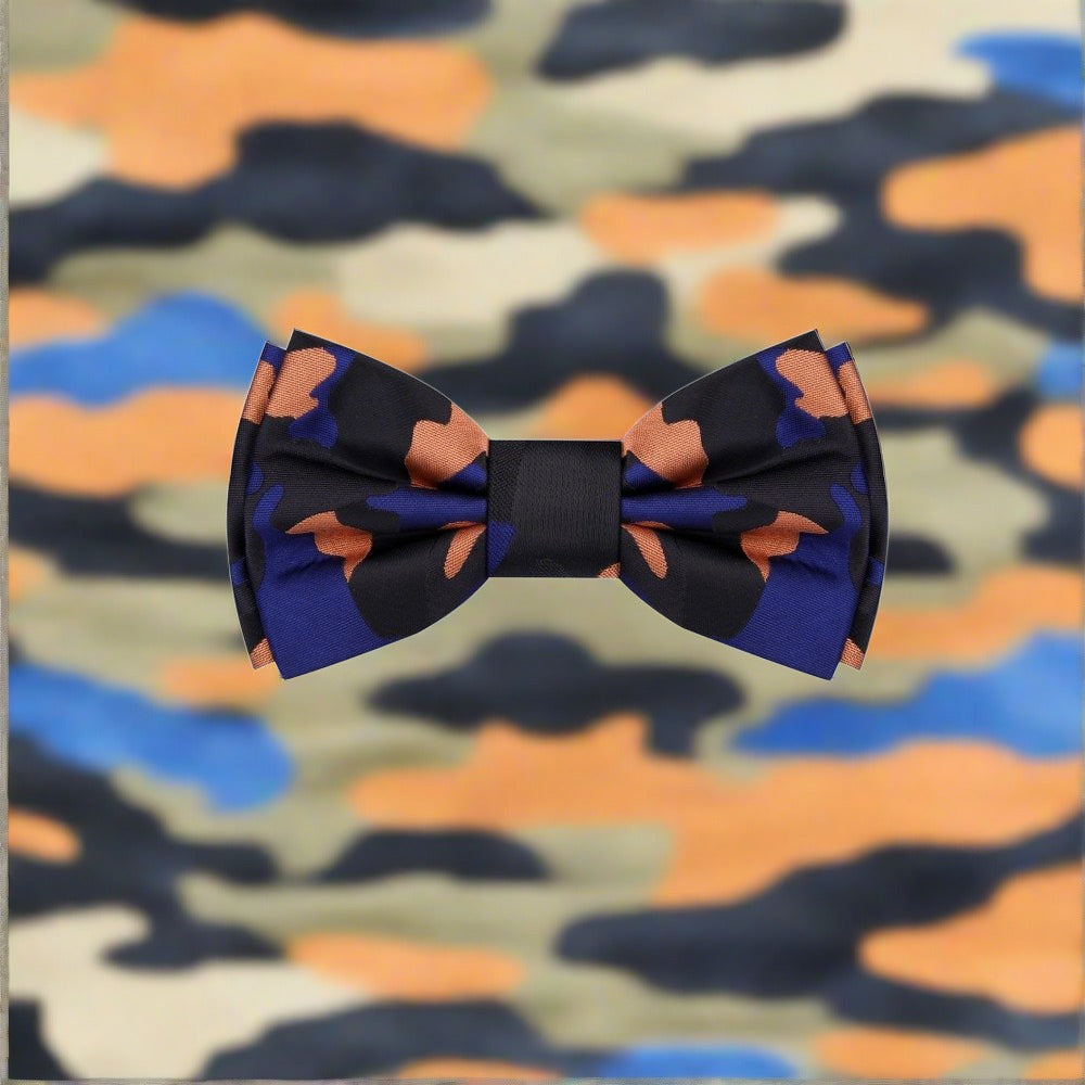 A Blue, Orange, Black Color Fleck Camouflage Pattern Silk Bow Tie||Orange, Blue