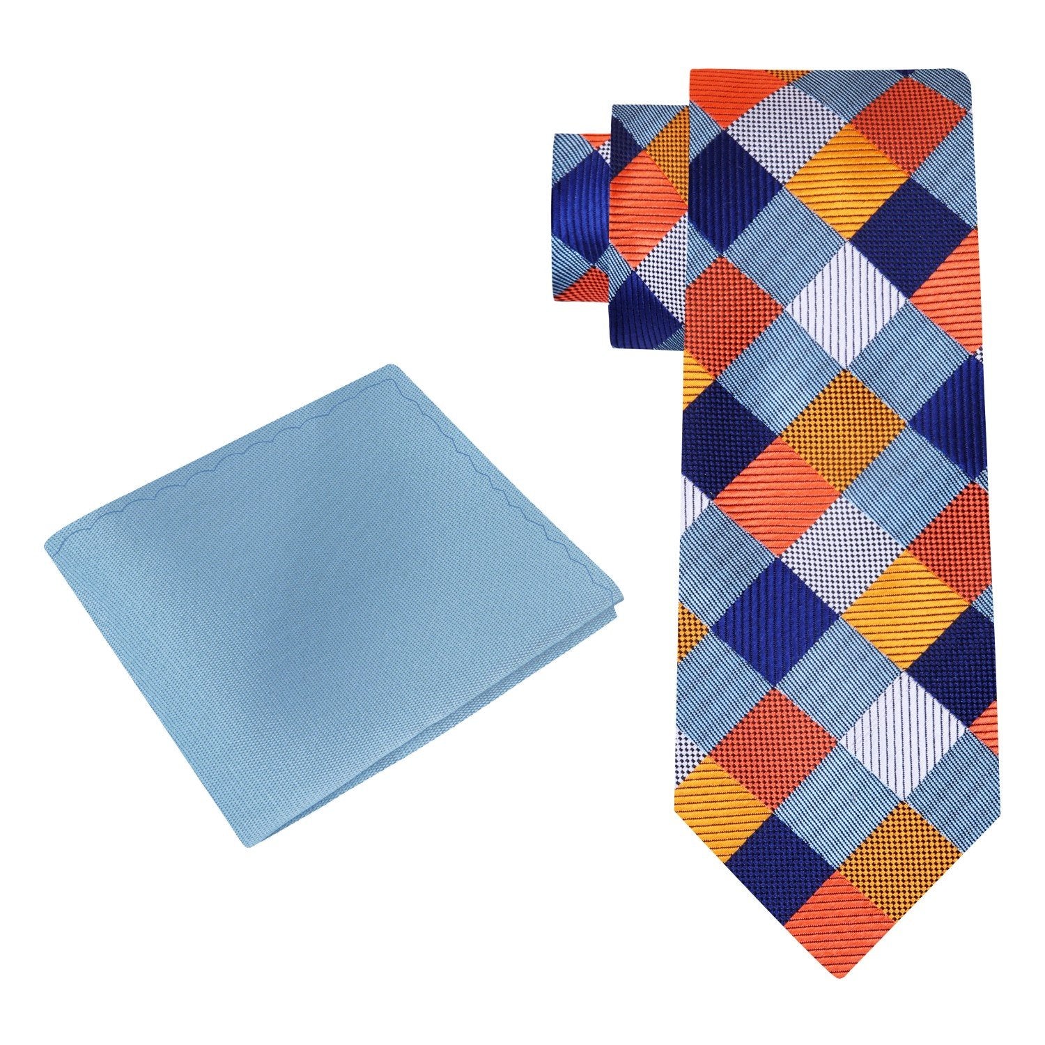Alt view: A Grey, Blue, Orange Geometric Diamond Pattern Silk Necktie, Solid Grey, Blue Pocket Square