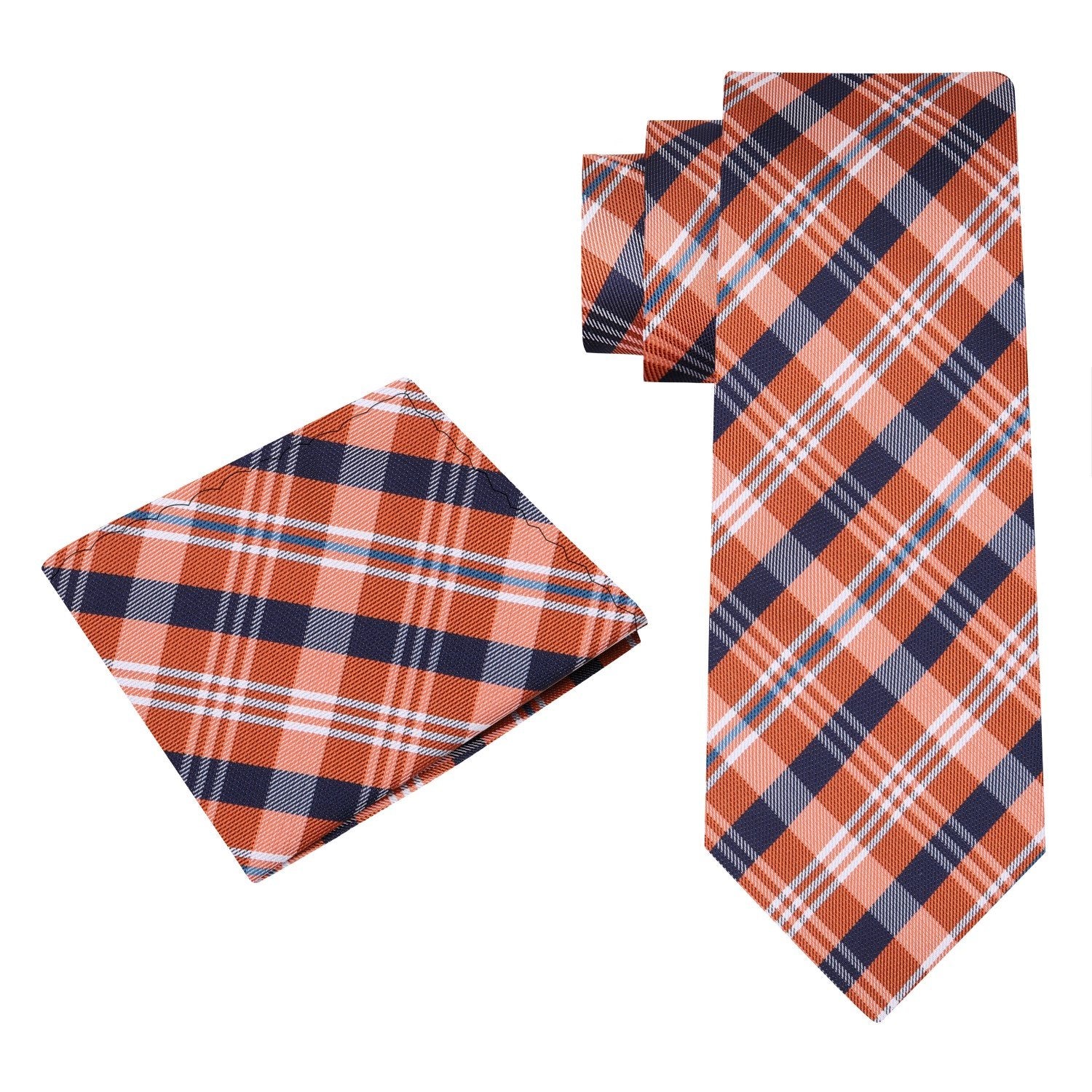 Alt View: An Orange And Dark Blue, White Plaid Pattern Silk Necktie, Matching Pocket Square