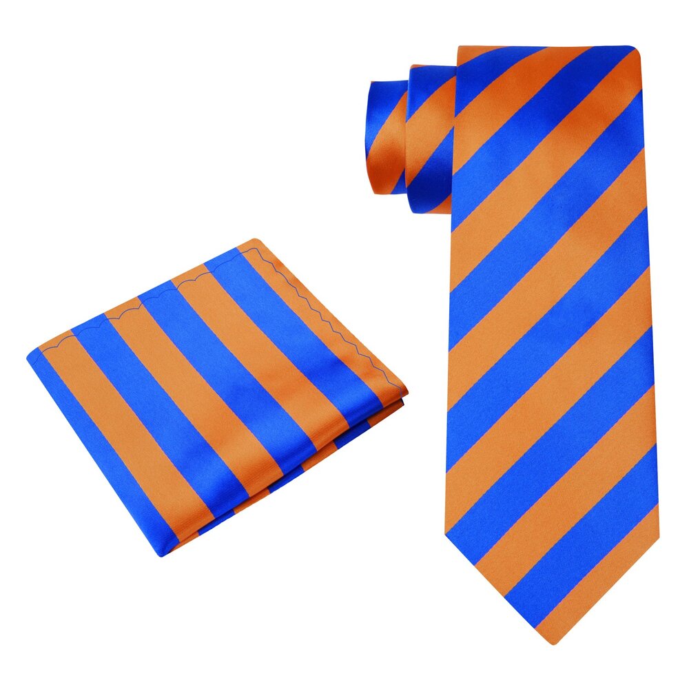 Alt View: A Orange, Blue Stripe Pattern Silk Necktie, Pocket Square