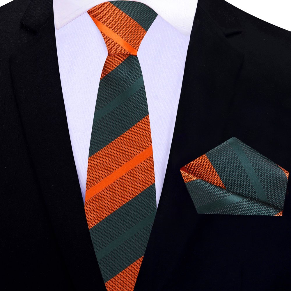 Orange, Green Stripe Thin Tie and Square||Orange/Green