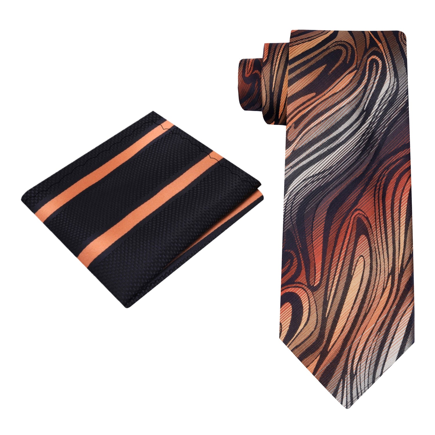 Alt View: A Orange, Grey Abstract Fire Pattern Silk Necktie, Accenting Black, Orange Stripe Silk Pocket Square