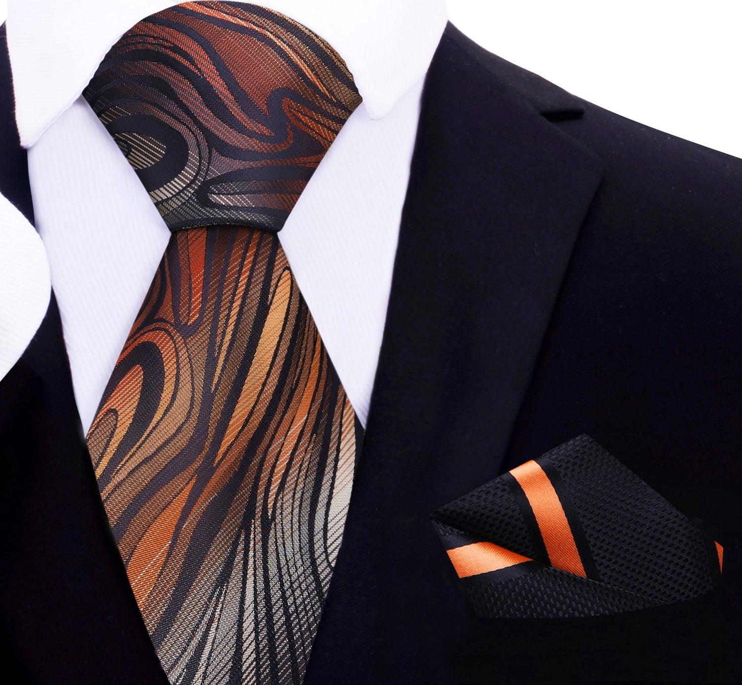 An Orange, Grey Abstract Fire Pattern Silk Necktie, Accenting Black, Orange Stripe Silk Pocket Square