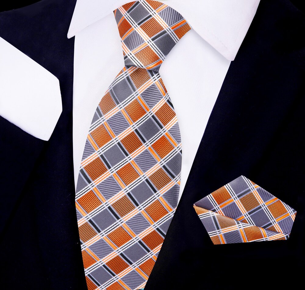Grey and Orange Check Tie and Pocket Square