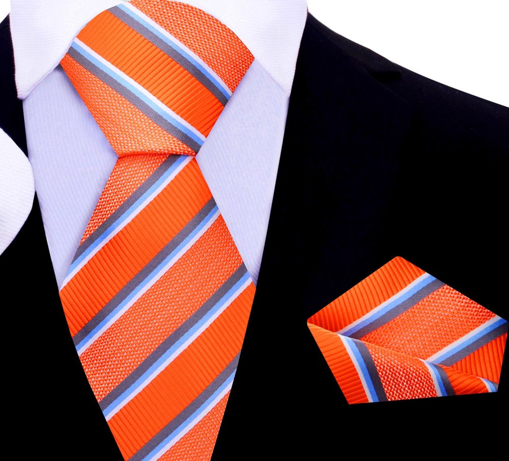 Orange and Grey Stripe Tie and Pocket Square