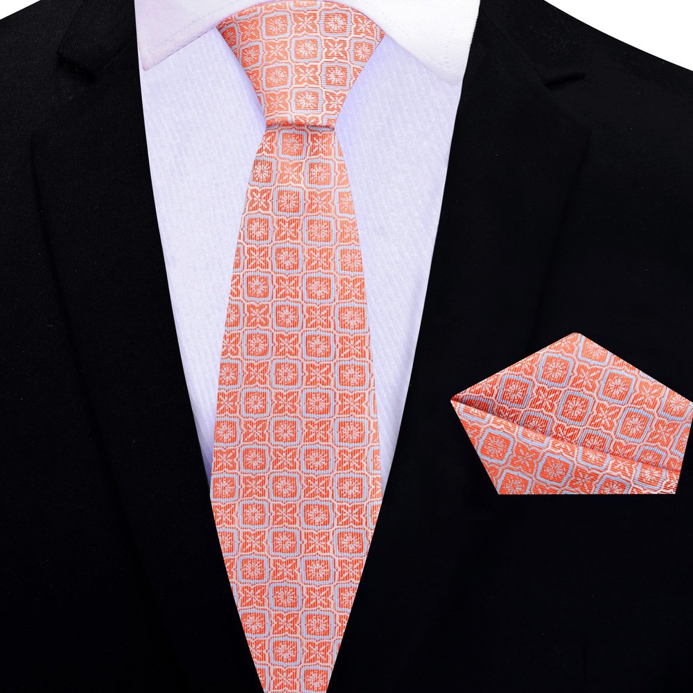 Thin Tie: Rich Orange and Light Blue Geometric Tie and Pocket Square