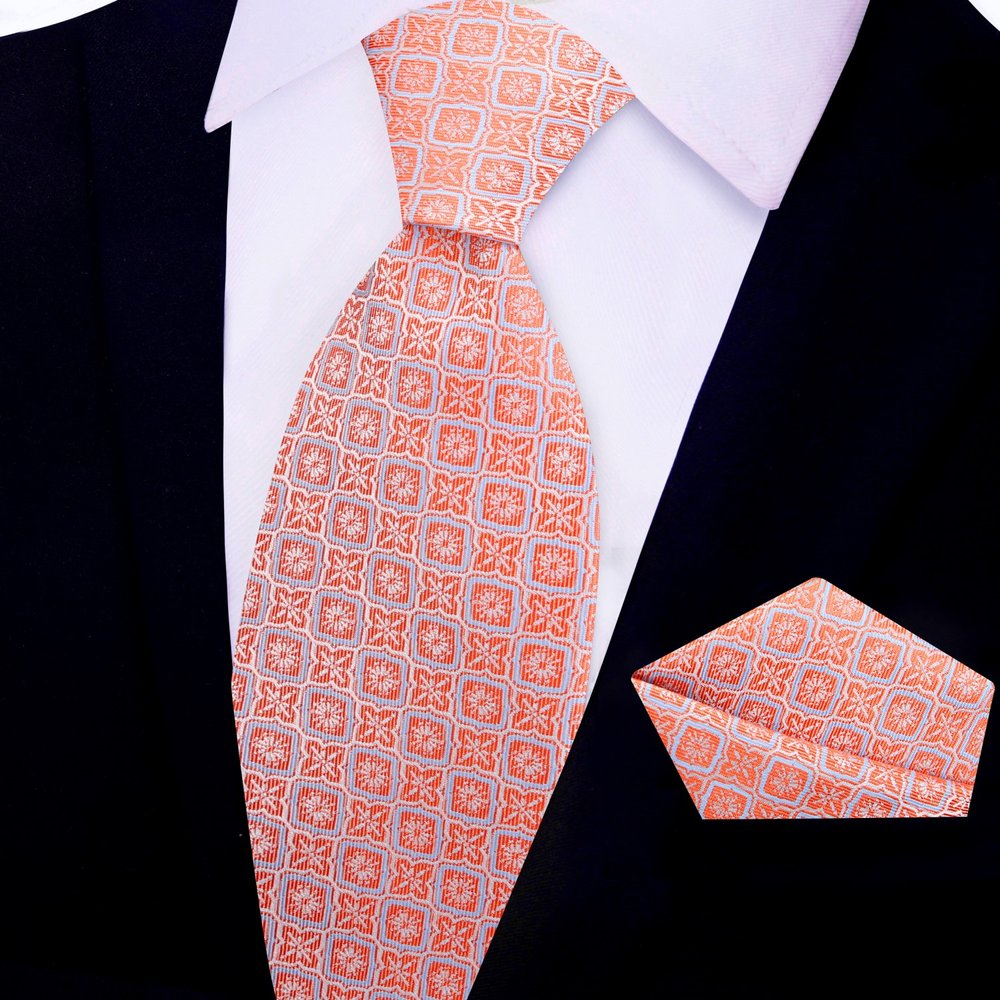 Rich Orange and Light Blue Geometric Tie and Pocket Square