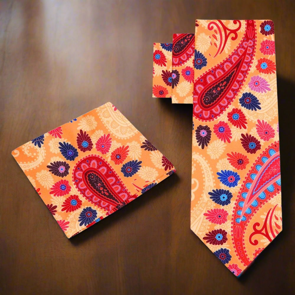 A Orange, Pink, Blue Color Abstract Paisley Silk Tie, Pocket Square ||Orange, Red, Blue, Purple, Pink