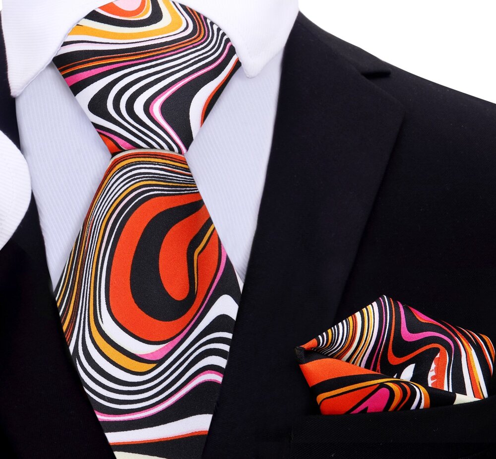 Black, Orange, Pink Abstract Tie and Pocket