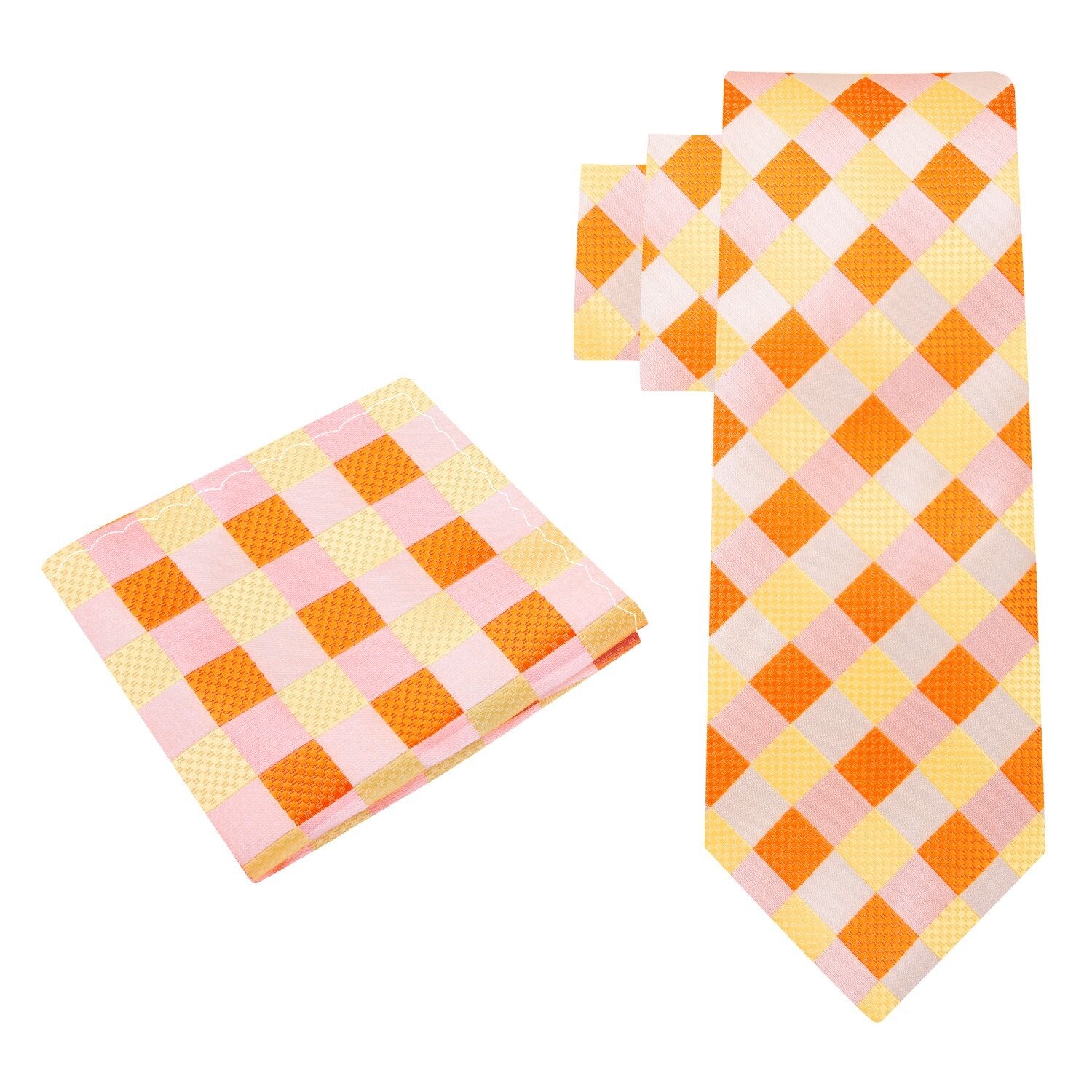 Alt View: A Light Orange, Orange Check Pattern Silk Necktie, Matching Pocket Square