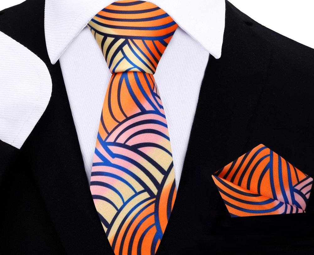 An Orange, Blue, Pink, Light Butter Colored Abstract Lines Pattern Silk Thin Tie, Pocket Square