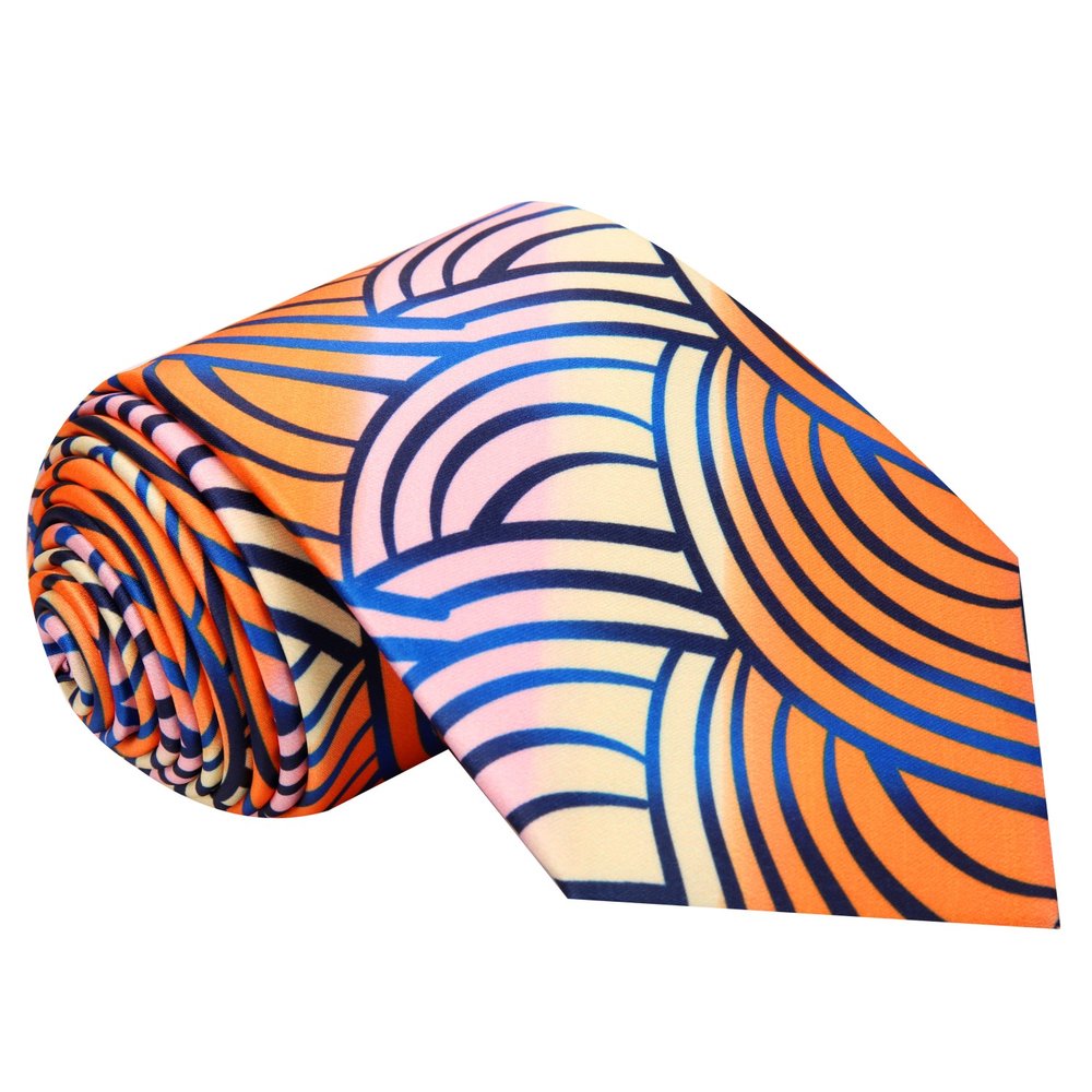 An Orange, Blue, Pink, Light Butter Colored Abstract Lines Pattern Silk Tie