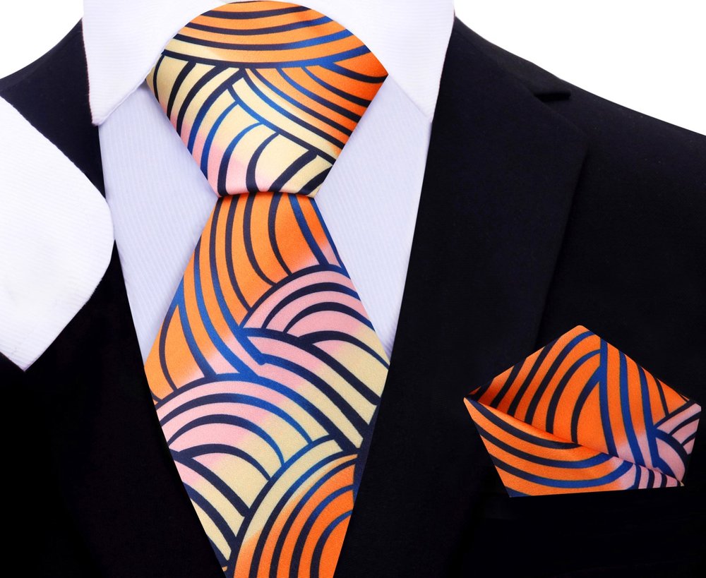 An Orange, Blue, Pink, Light Butter Colored Abstract Lines Pattern Silk Tie, Pocket Square