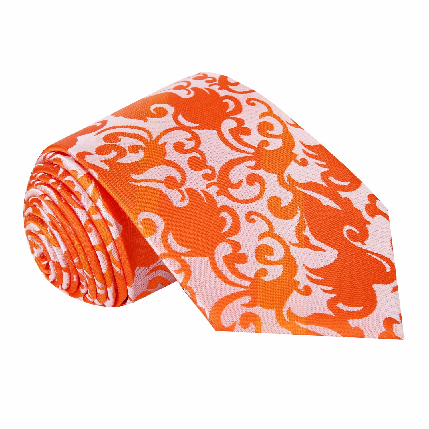 A Orange, Light Orange Vine Floral Pattern Silk Necktie
