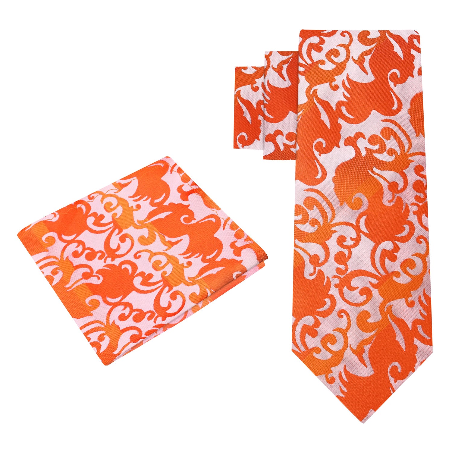 Alt View: A Orange, Light Orange Vine Floral Pattern Silk Necktie, Matching Pocket Square