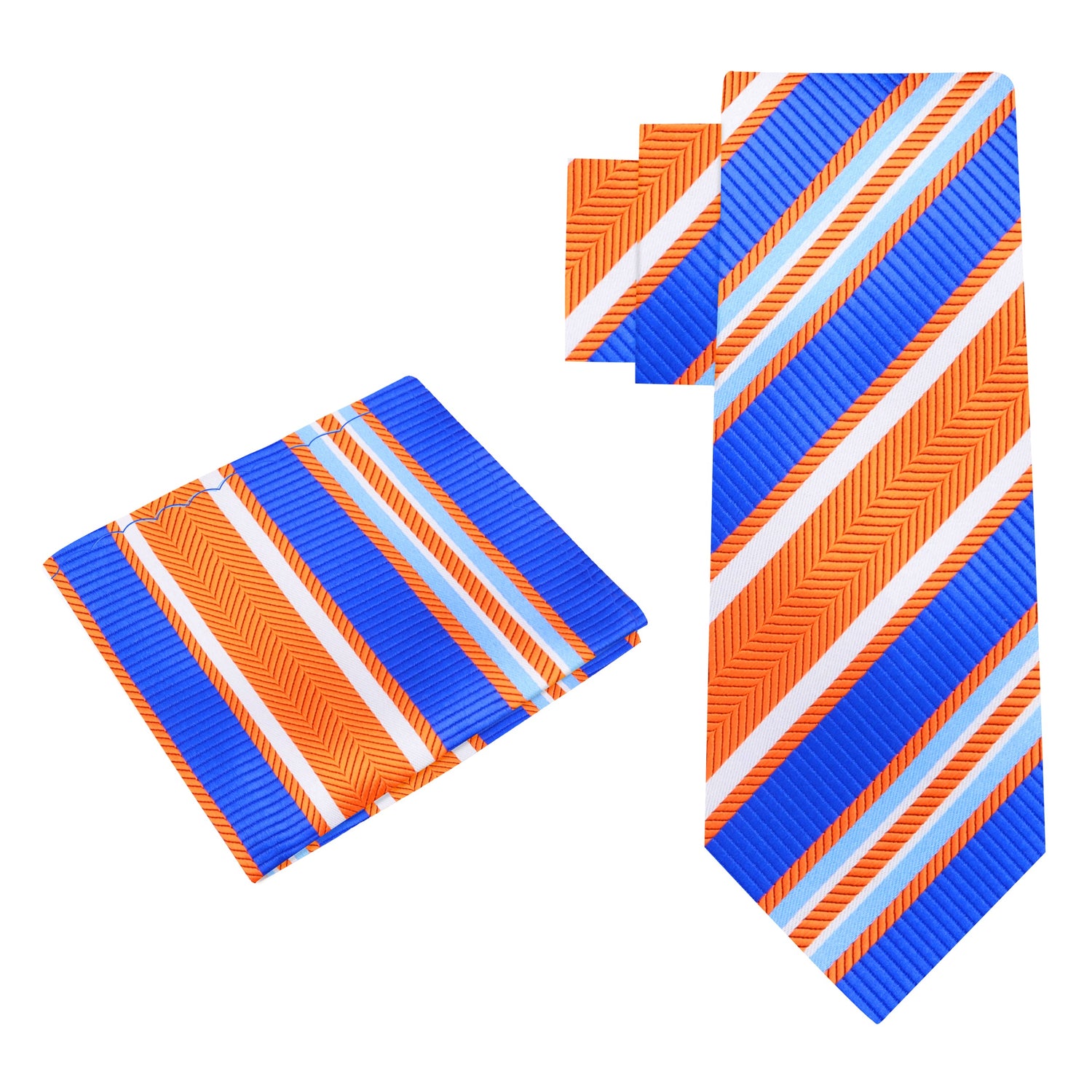Alt View: A Orange, Blue, White Stripe Pattern Silk Necktie, Matching Pocket Square