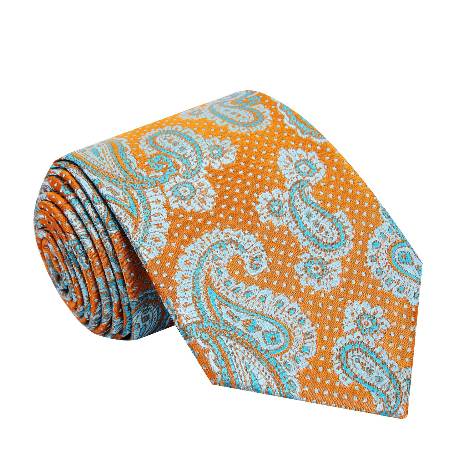An Orange, Light Blue Paisley Pattern Silk Necktie 