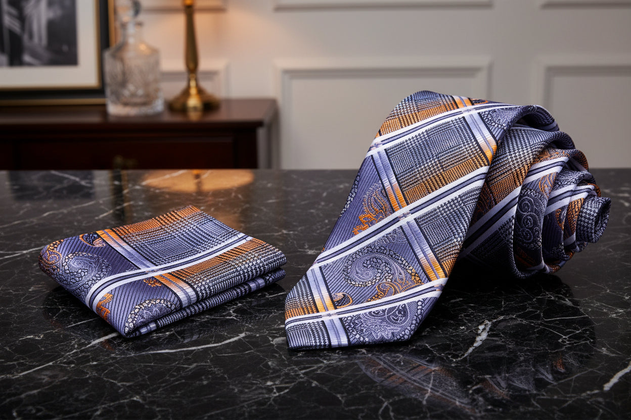 Silver, Black & Copper Orange Paisley Plaid Necktie | Prime Neckwear