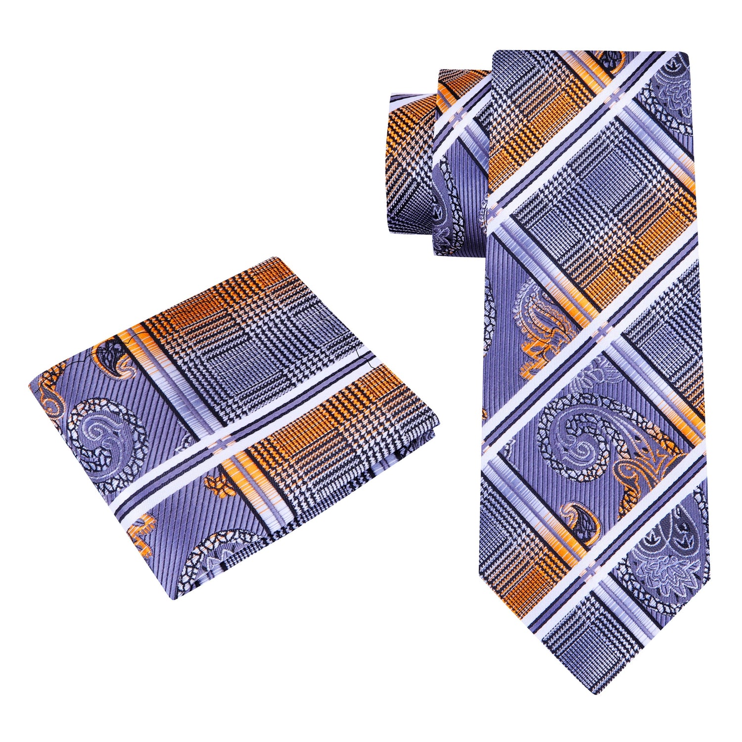 Alt View: Grey, Black, Orange Plaid And Paisley Tie and Matching Square