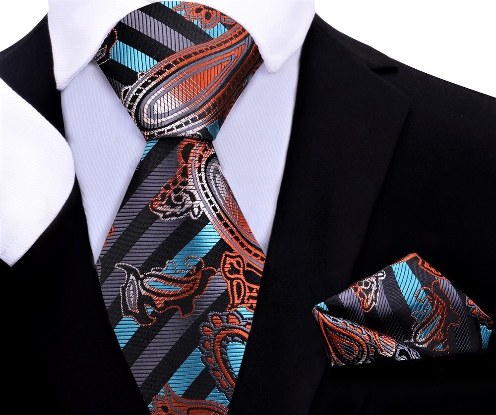 An Aqua, Orange, Black Stripe with Paisley Pattern Silk Necktie, Matching Pocket Square