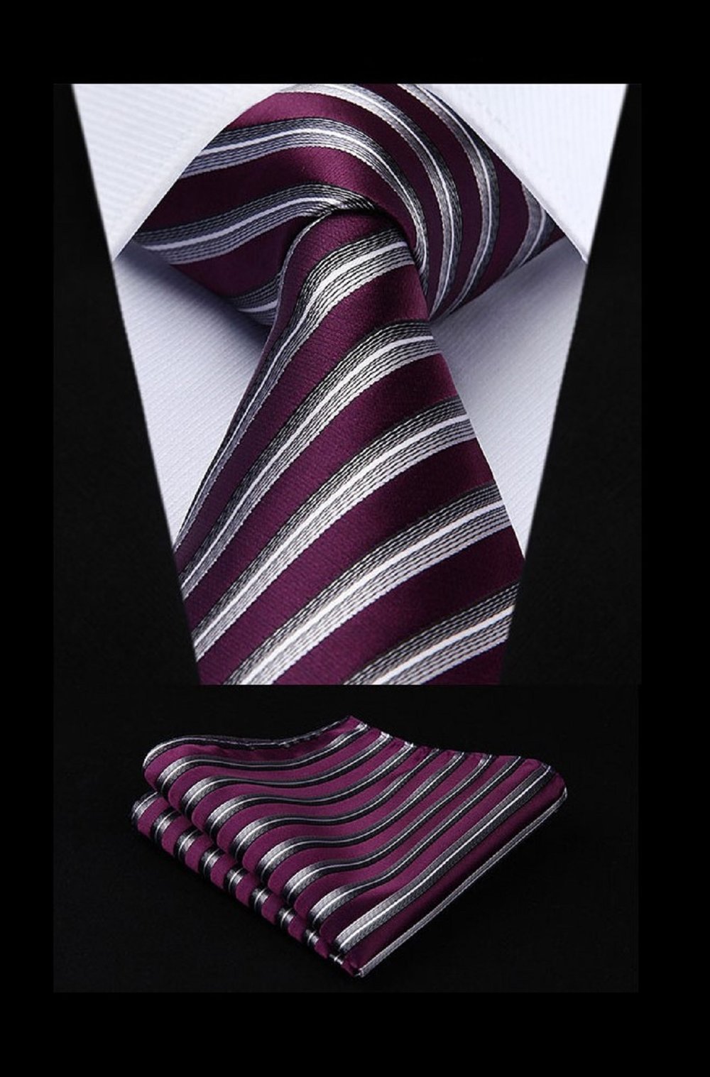 A Purple, Silver Stripe Pattern Silk Necktie, Matching Pocket Square and Cuff-links.