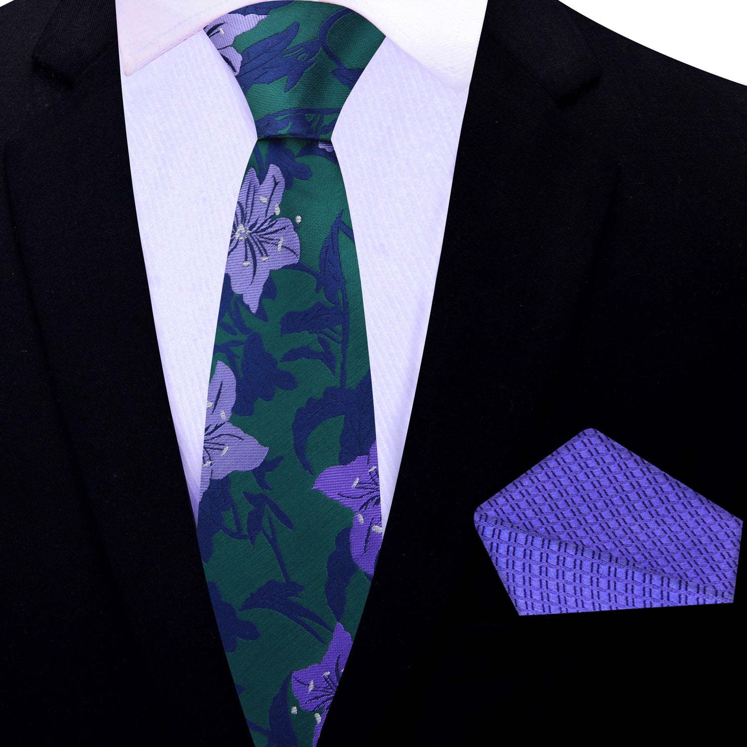 Thin Tie: Green, Purple and Blue Floral Tie and Square