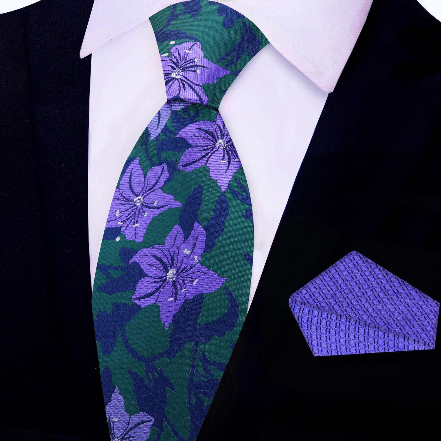 View 2: Green, Purple and Blue Floral Tie and Square
