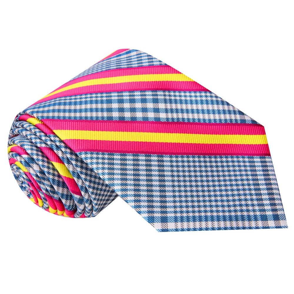 Blue Plaid with Pink and Yellow Stripe Silk Tie