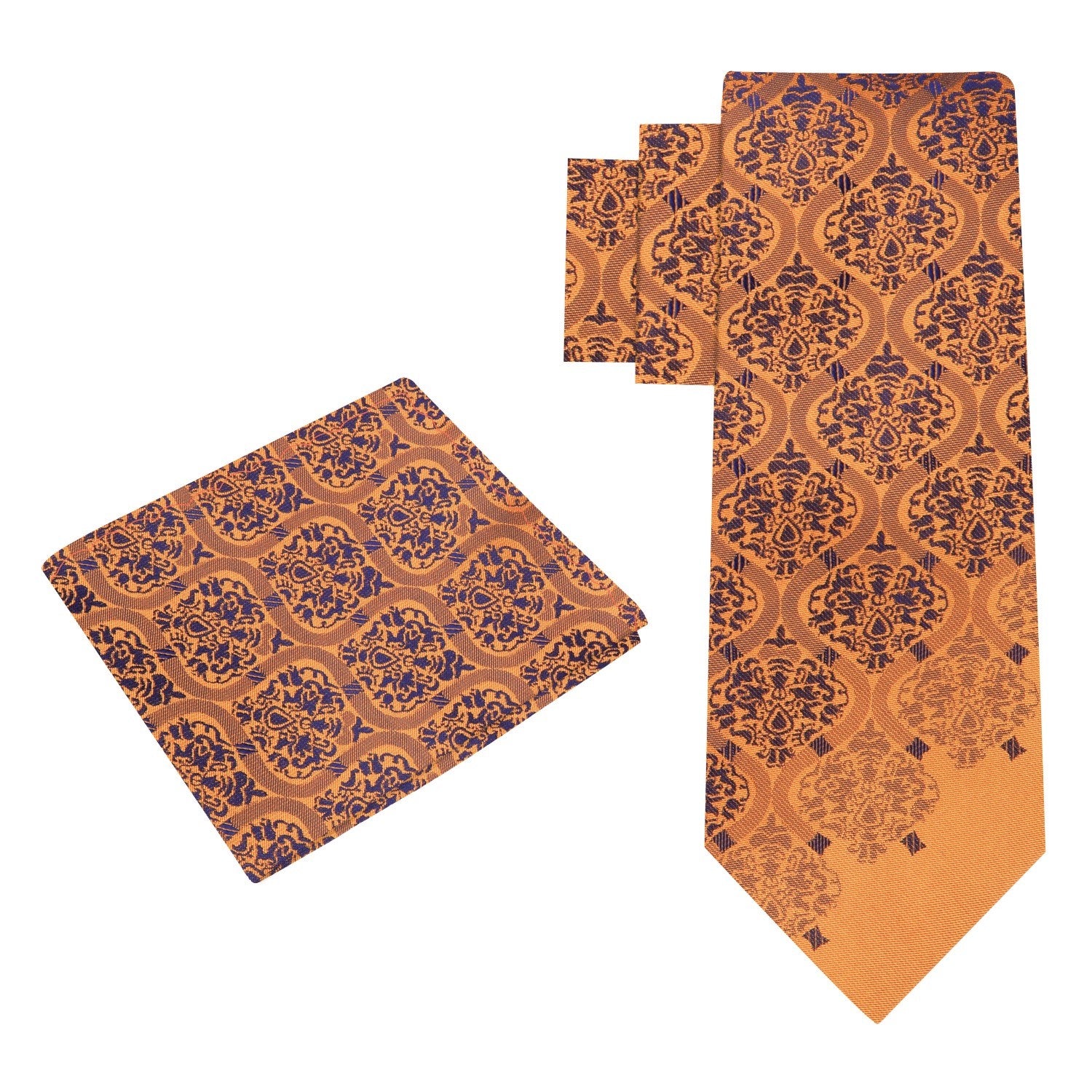 Alt View: A Copper Orange, Dark Blue Intricate Abstract Pattern Silk Necktie, Matching Silk Pocket Square