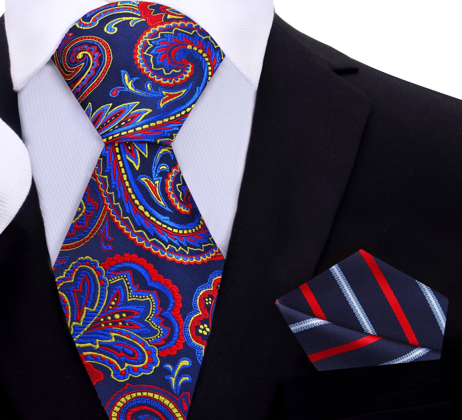 Blue, Red and Yellow Paisley Tie and Blue, Red Stripe Pocket Square
