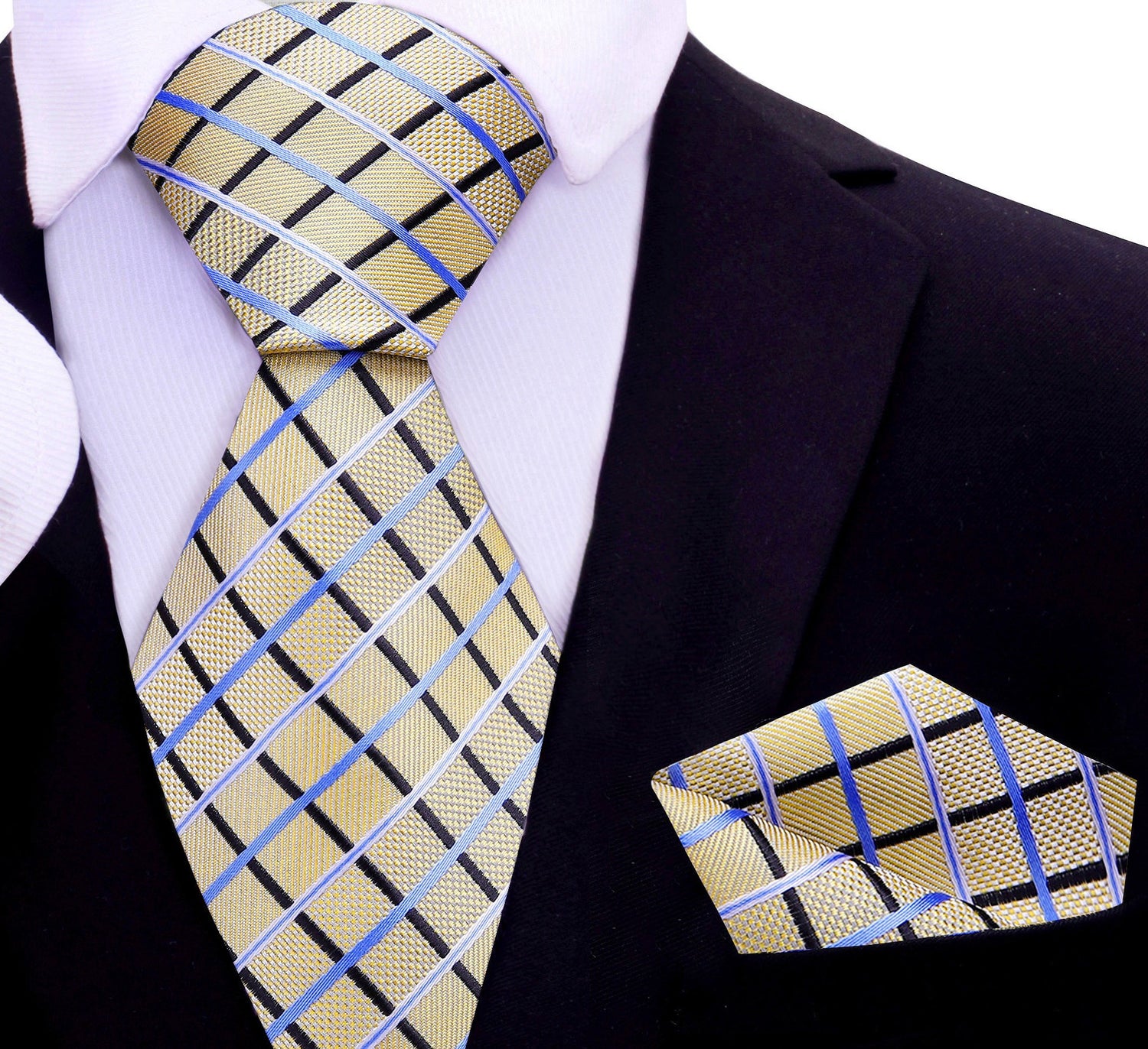 Pale Gold, Light Blue Interlock Geometric Tie and Pocket Square