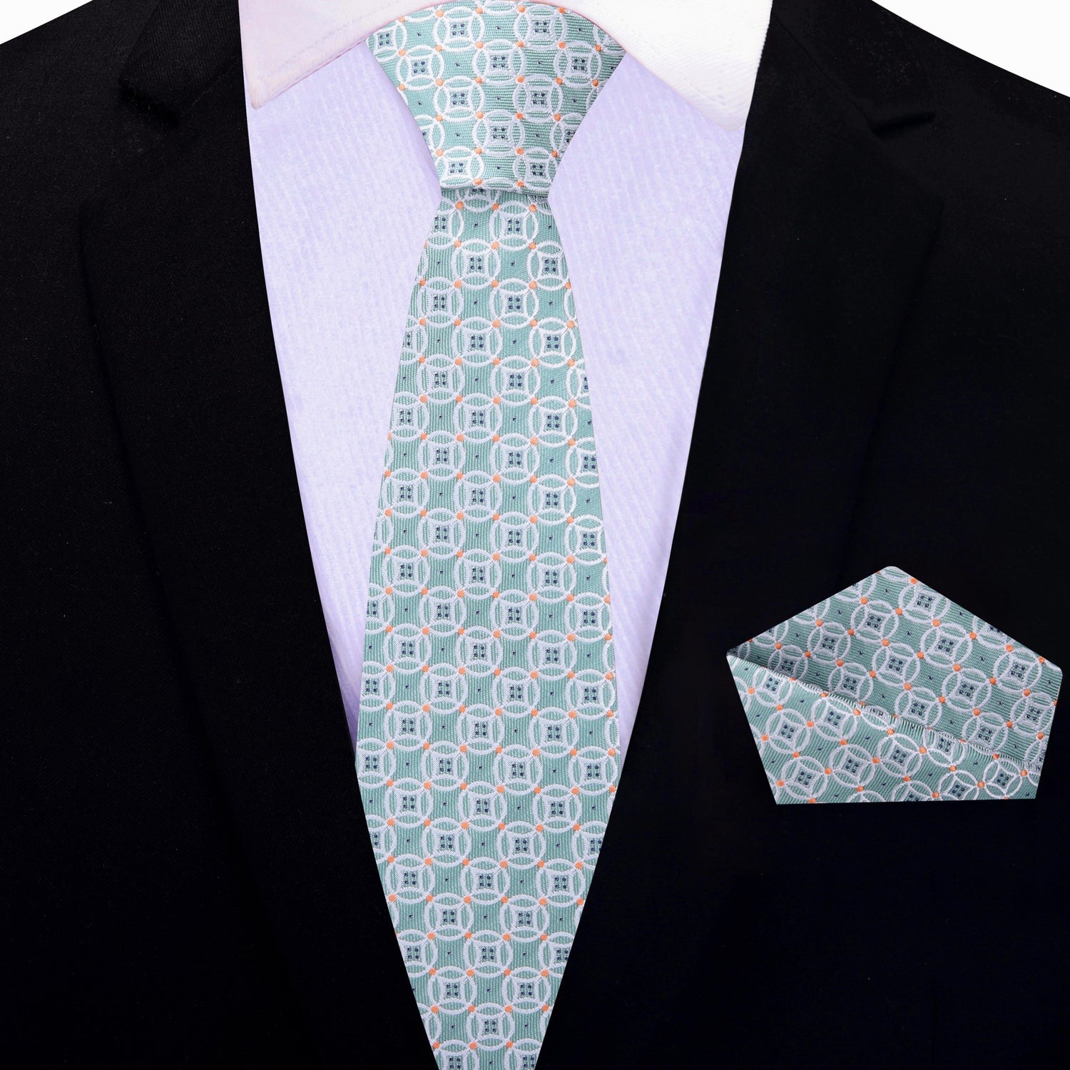 Pale Mint, Orange Geometric Thin Tie and Pocket Square