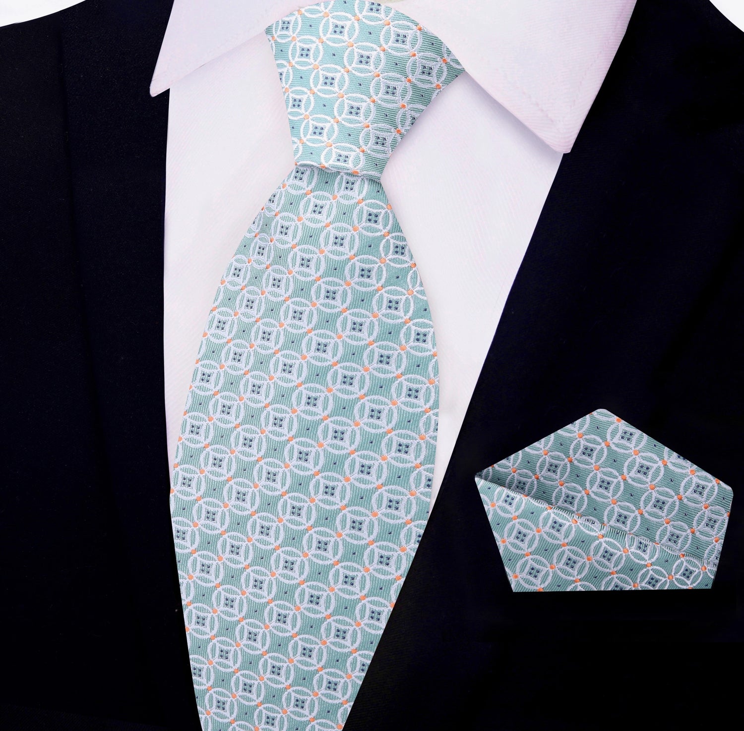 Pale Mint, Orange Geometric Tie and Pocket Square