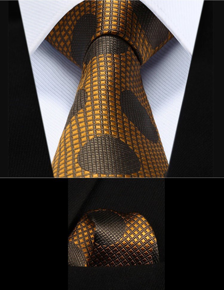 A Copper, Brown Large Polka Dot Pattern Silk Necktie With Matching Pocket Square