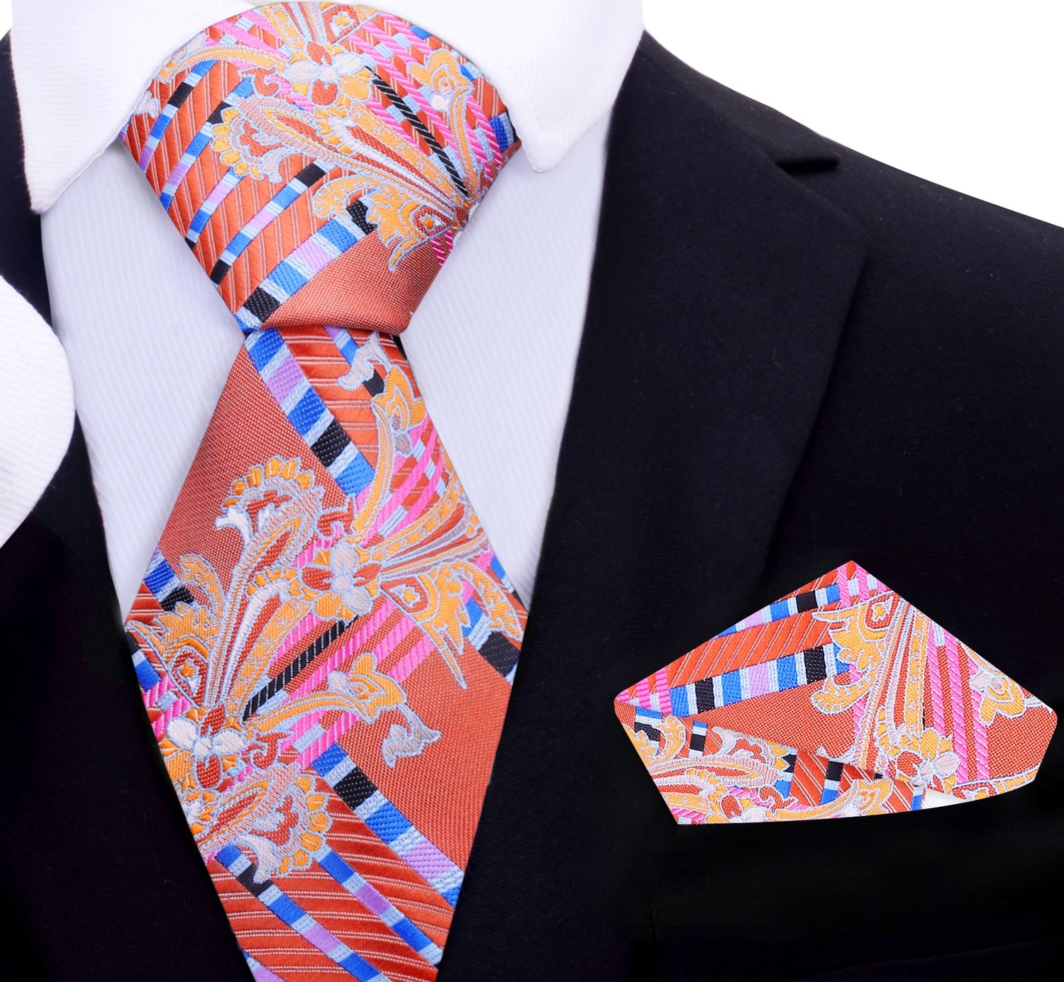 A Peach, Orange, Blue Intricate Abstract Floral Pattern Silk Necktie, Matching Pocket Square