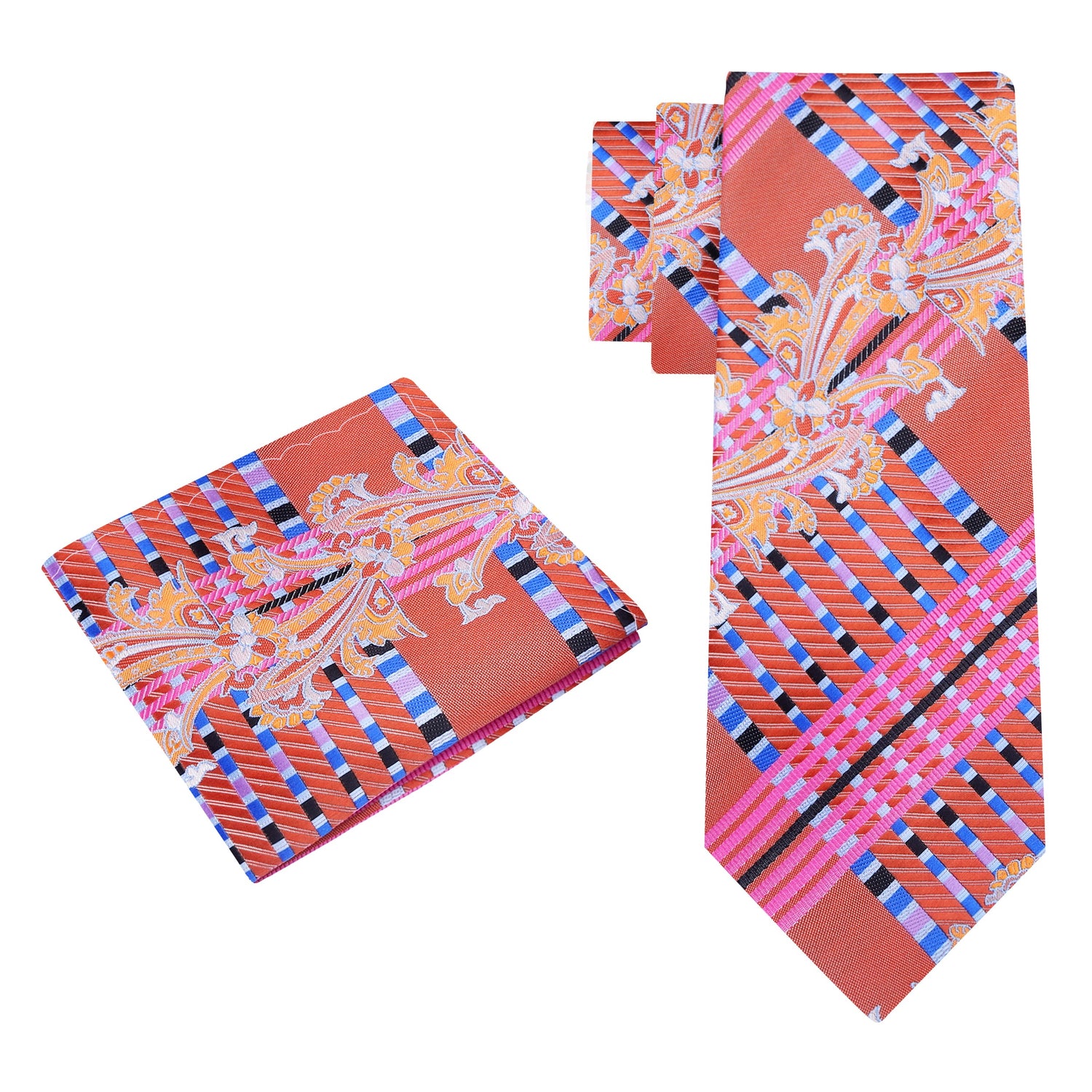 Alt View: A Peach, Orange, Blue Intricate Abstract Floral Pattern Silk Necktie, Matching Pocket Square