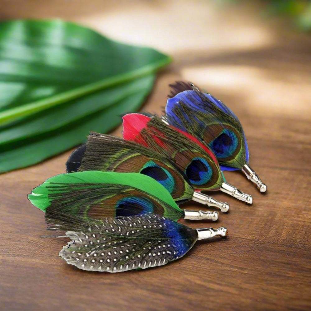 Multiple Peacock Feather Lapel Pins With Black Background