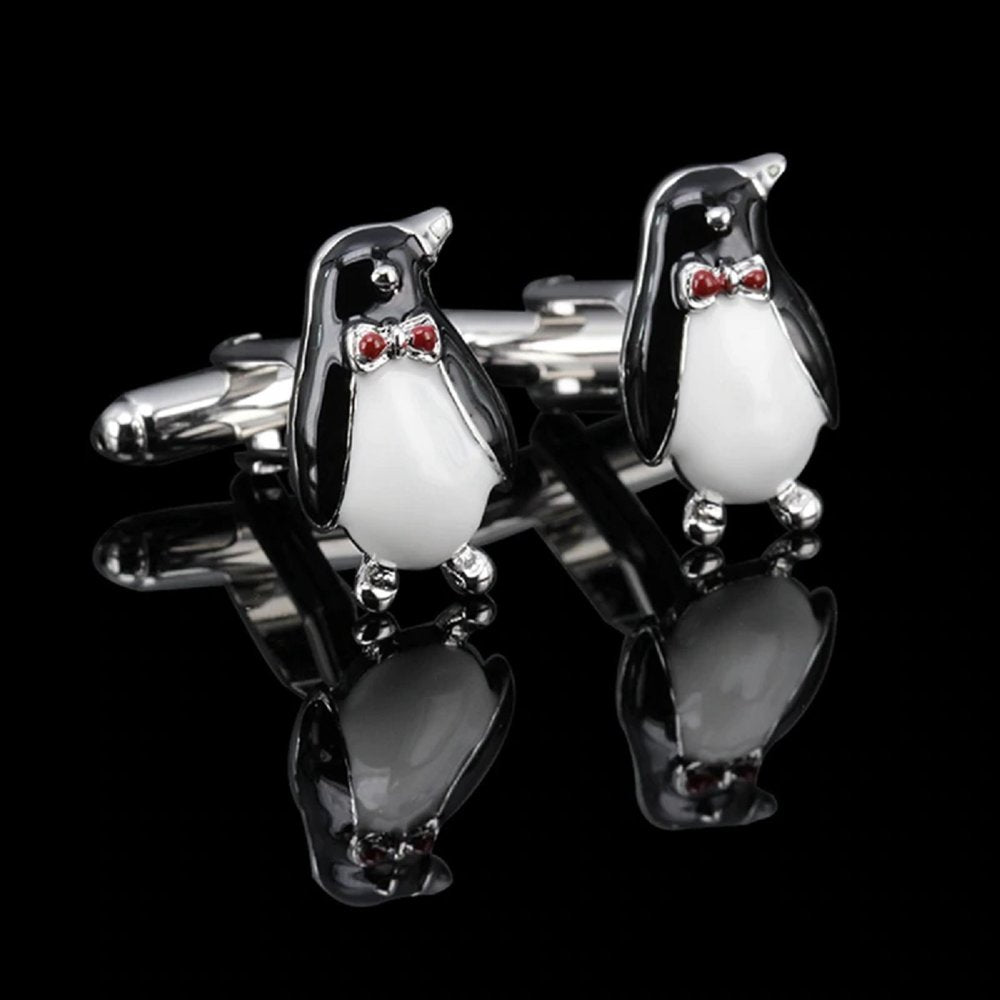 A black, white, red color penguin design pair of cuff-links