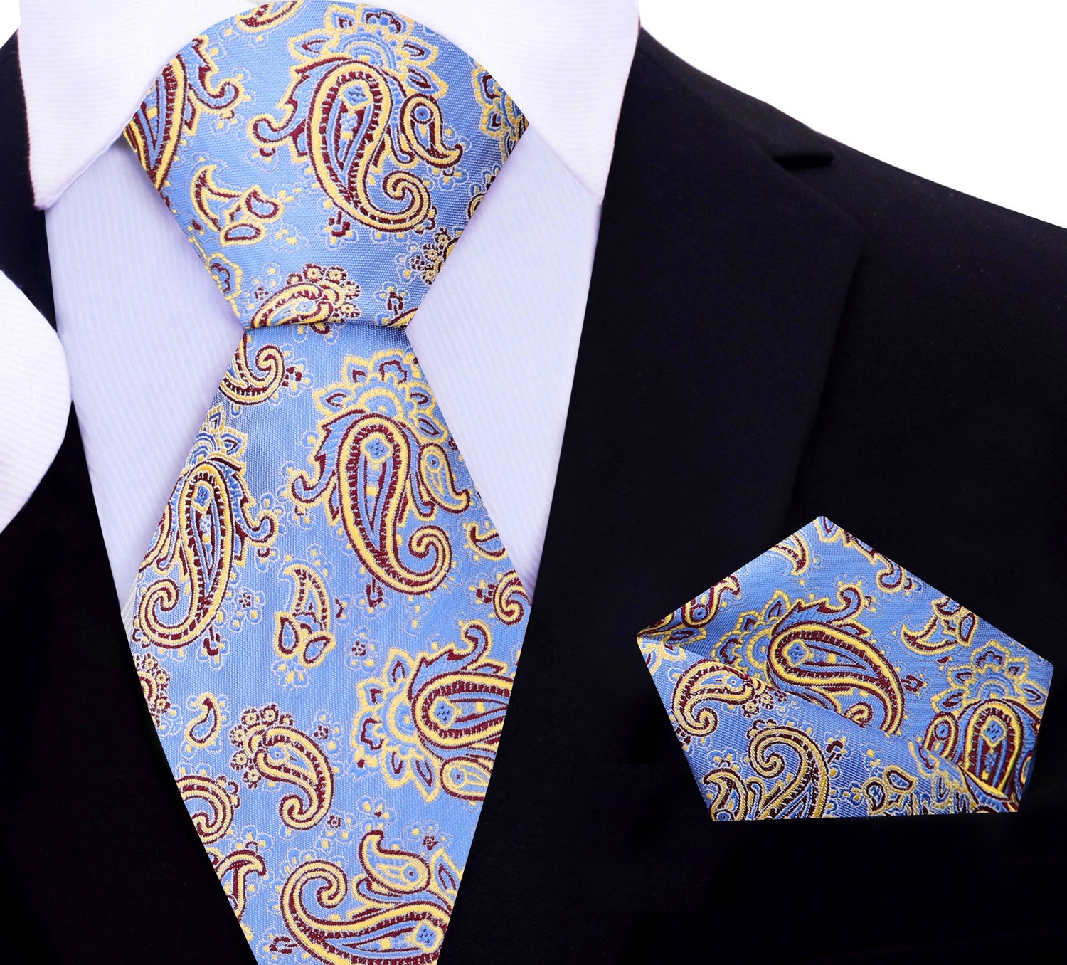 A Periwinkle, Gold, Burgundy Paisley Pattern Silk Necktie, Matching Pocket Square