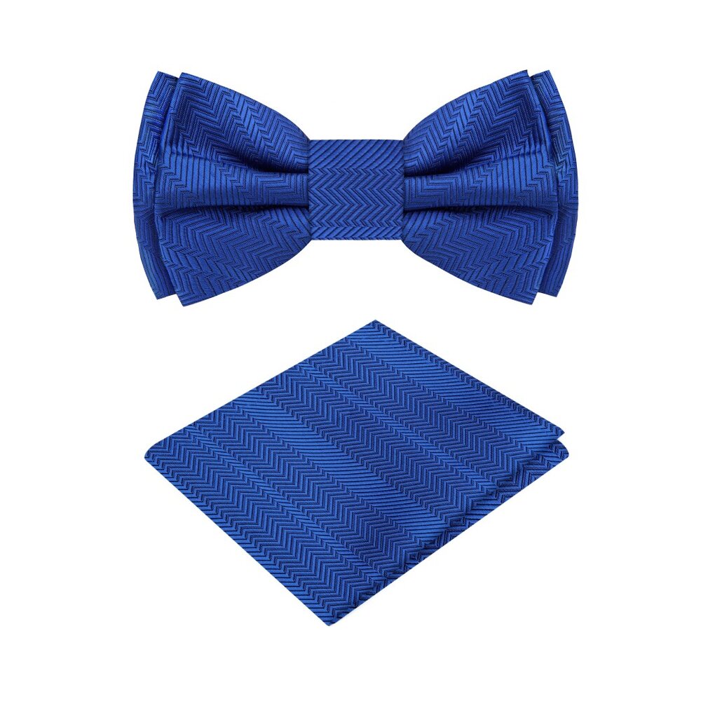 A Solid Persian Blue Pattern Silk Self Tie Bow Tie, Matching Pocket Square||Persian Blue