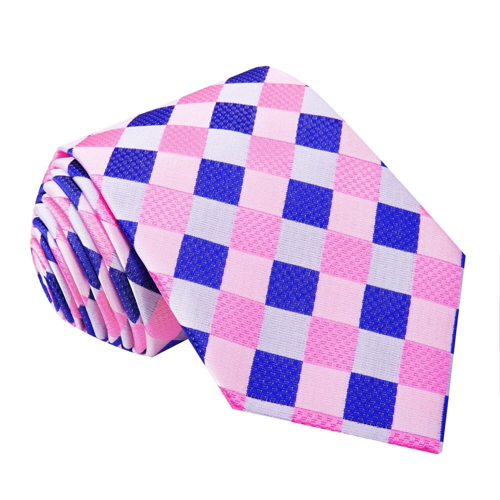 A Pink, Blue Check Pattern Silk Necktie