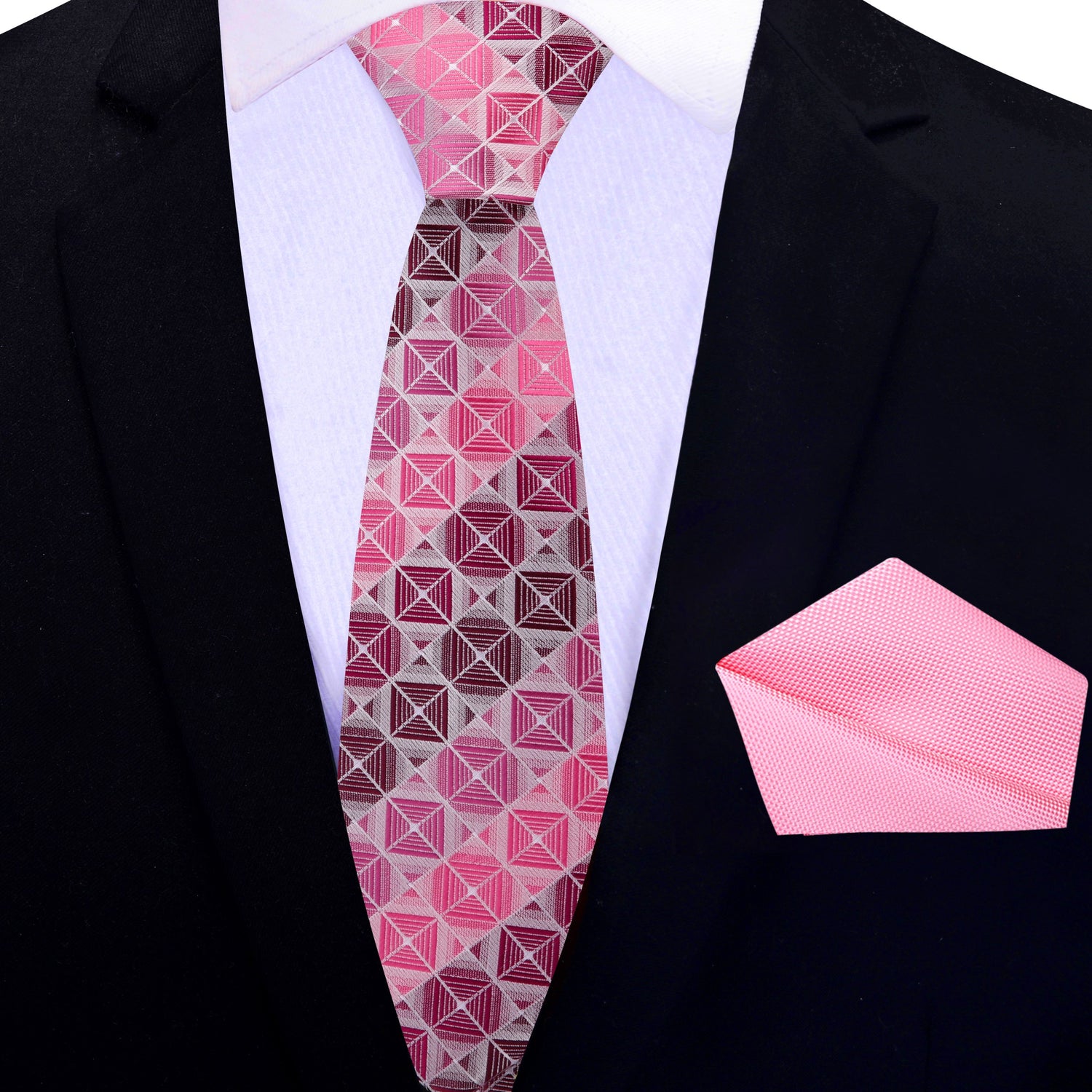Thin Tie: Shades of Pink and Red Geometric Blocks Necktie and Pink Pocket Square
